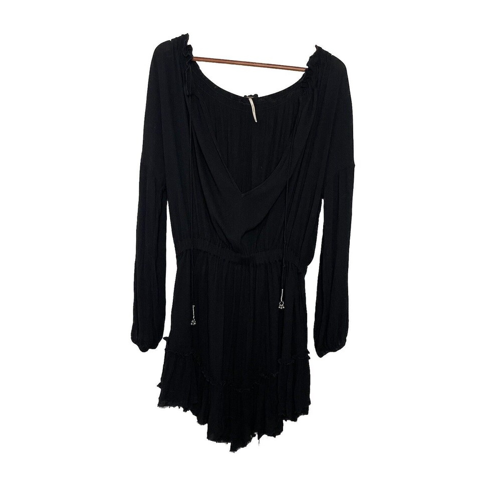 Free People Womens XS Black Gauzy Mini Dress Long Sleeve Deep V Neck